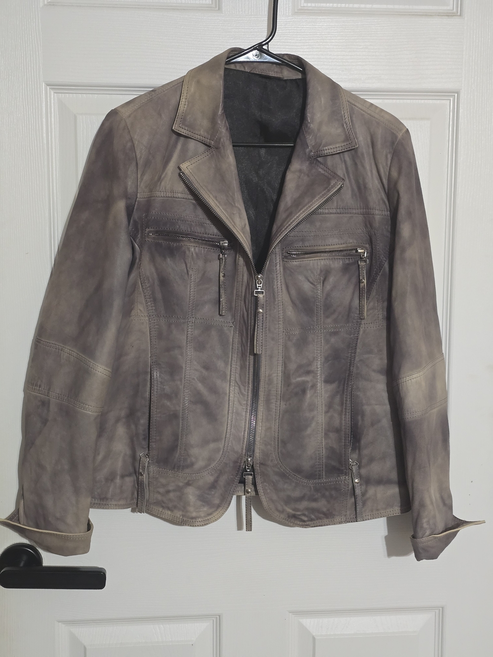 Women's Taupe Grey Distressed Leather Zip Jacket